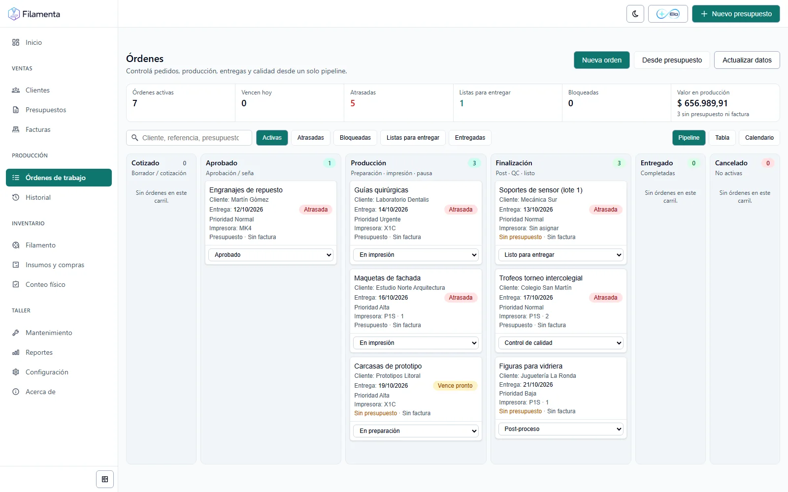 Órdenes de trabajo en tablero con los carriles Cotizado, Aprobado, Producción y Finalización; cada tarjeta muestra cliente, fecha de entrega, prioridad e impresora asignada.